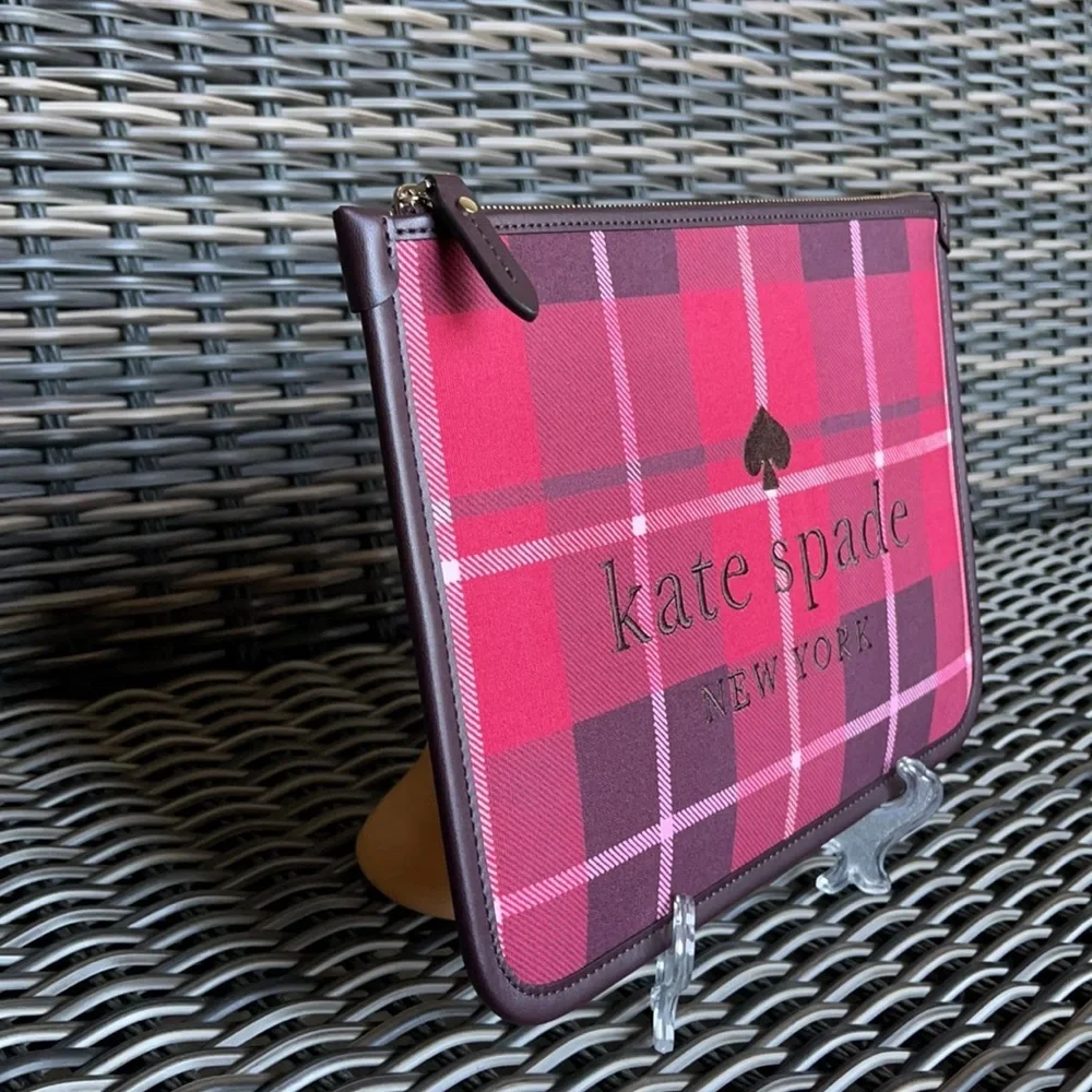 Kate Spade Ella Plaid Bright Rose Large Zip Pouch Clutch
